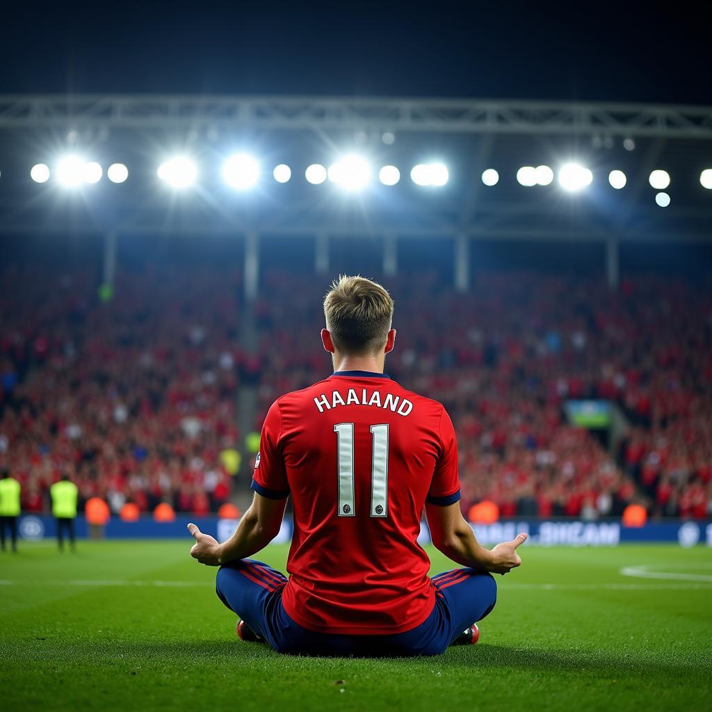 Haaland celebrates a Champions League goal with his signature meditation pose, highlighting his calm demeanor amidst the intensity of the game.