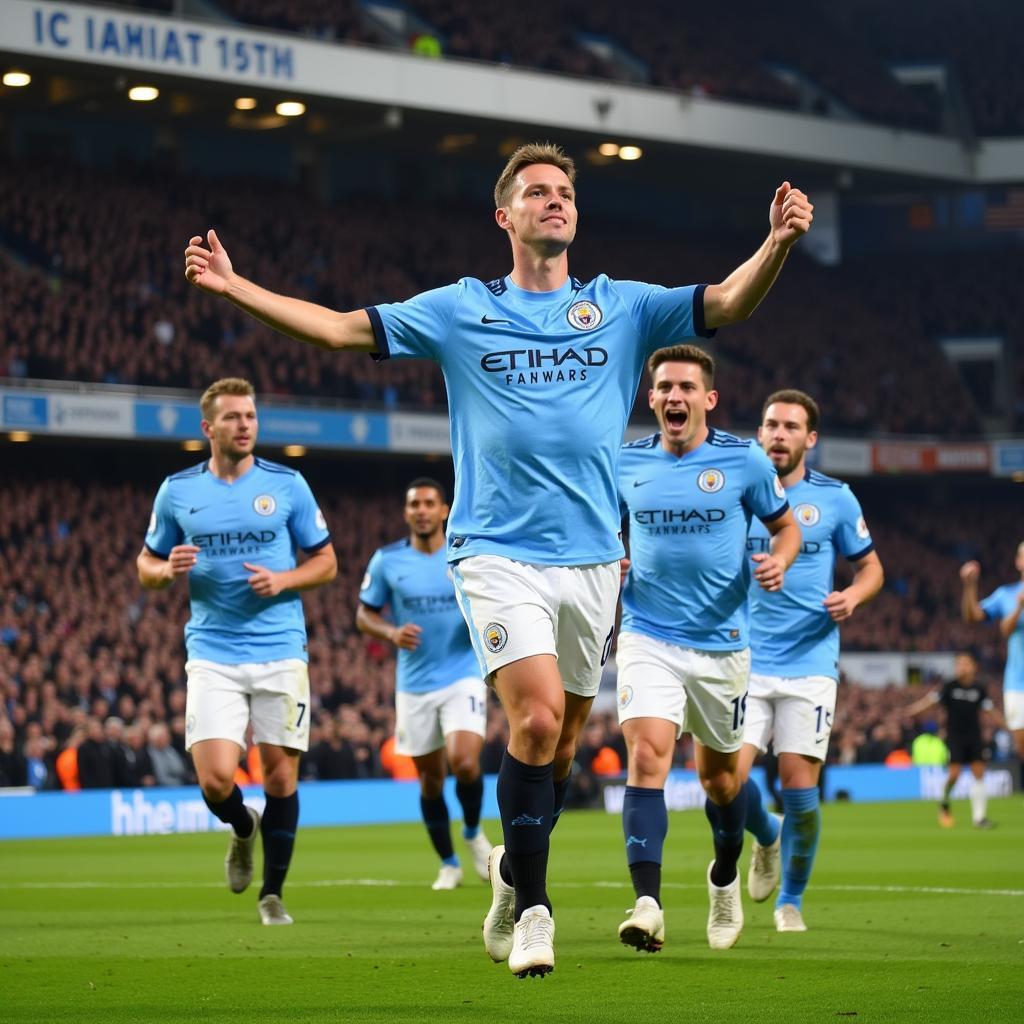 Haaland celebrating a goal at the Etihad Stadium with teammates