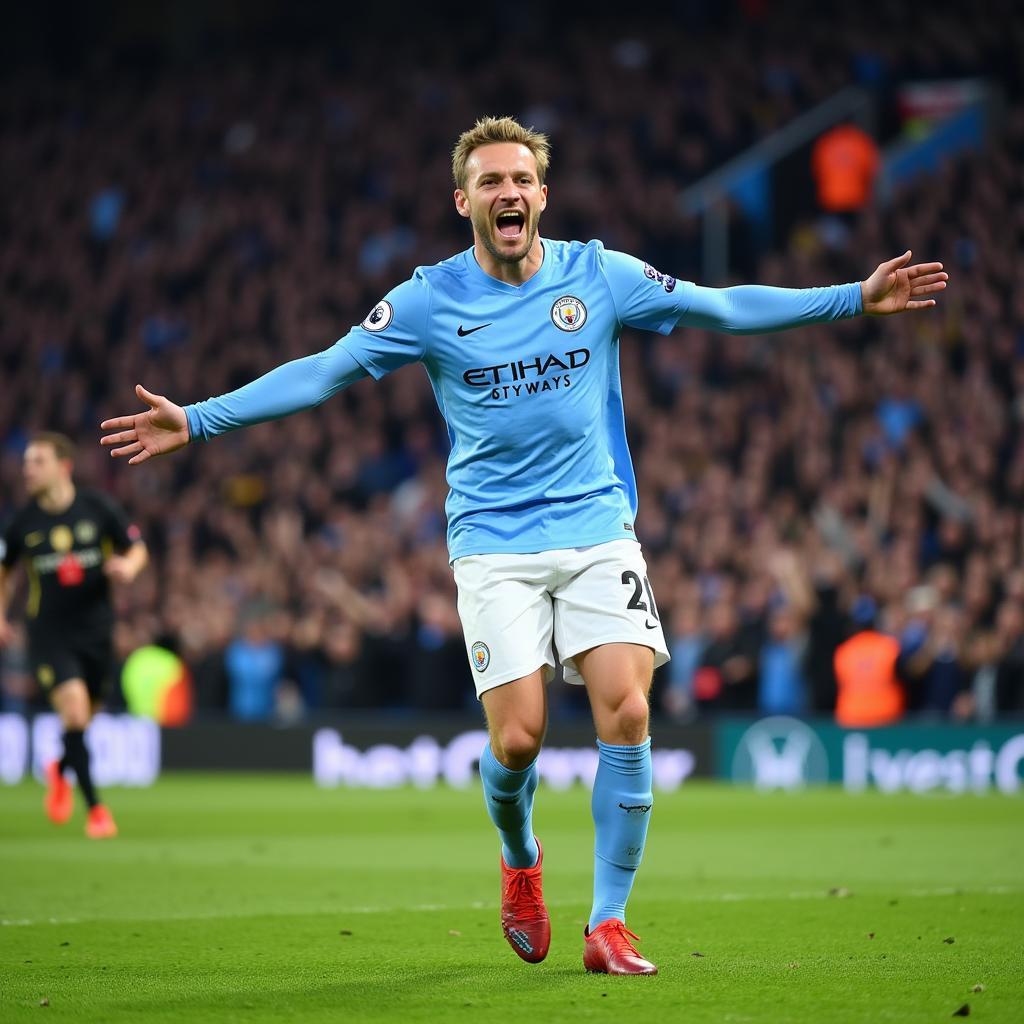 Haaland celebrates a goal at the Etihad Stadium