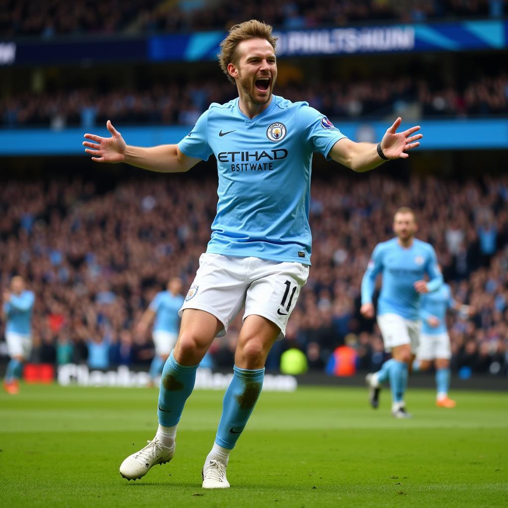 Haaland celebrates a goal at the Etihad Stadium