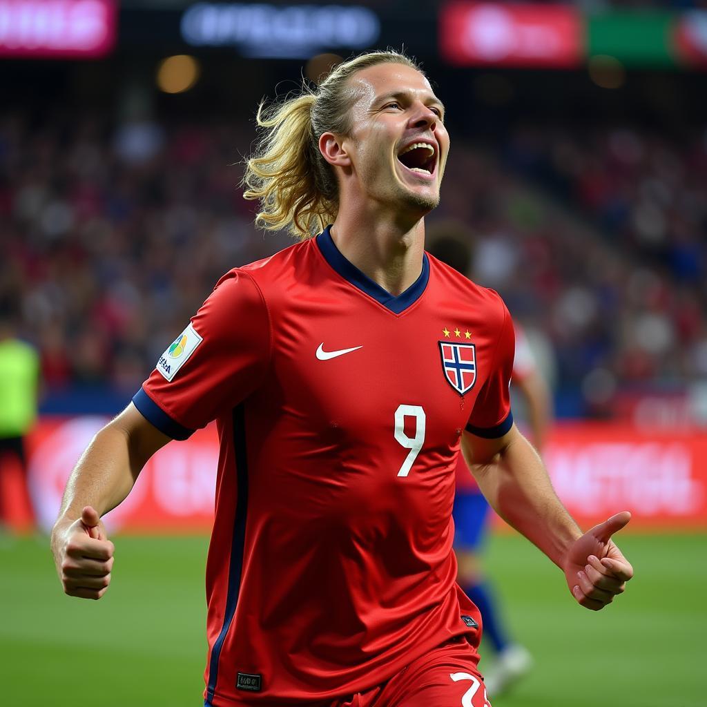 Haaland celebrating a goal scored for the Norwegian national team