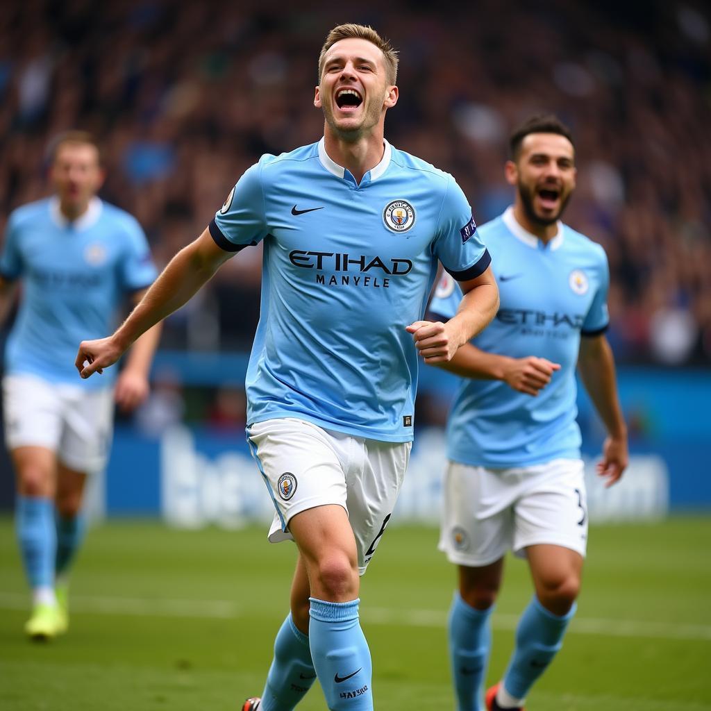 Image of Haaland celebrating a goal while wearing his Man City shirt