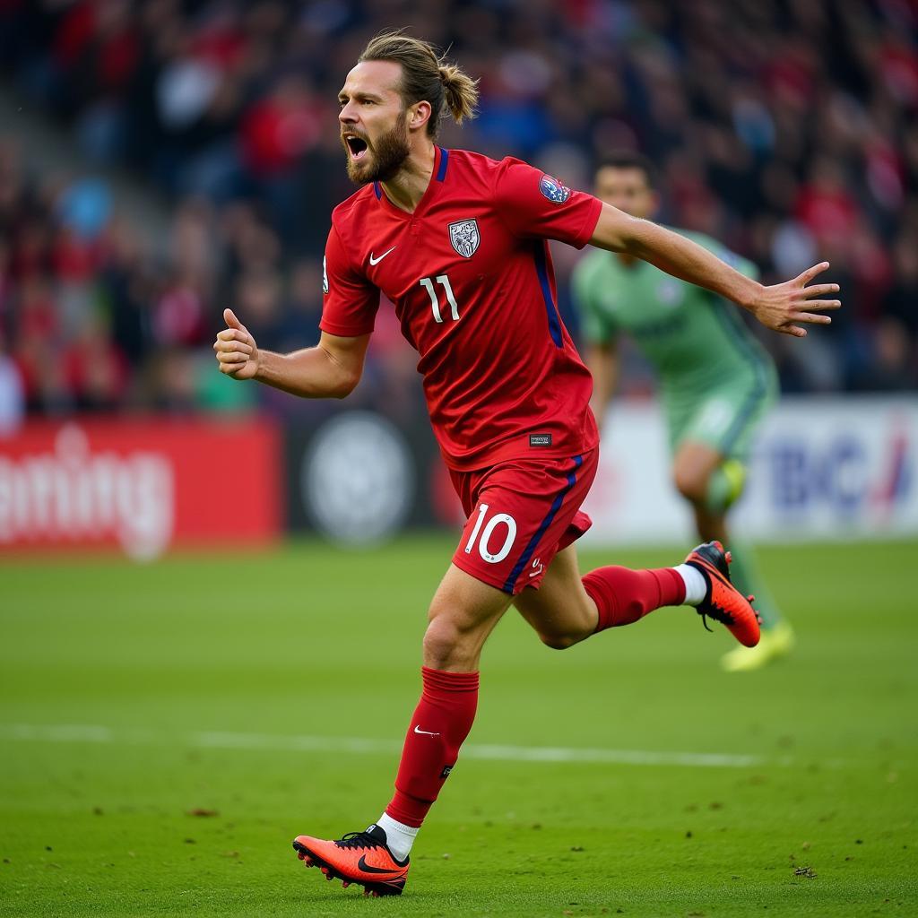 Erling Haaland celebrating a goal while wearing his Nike football boots