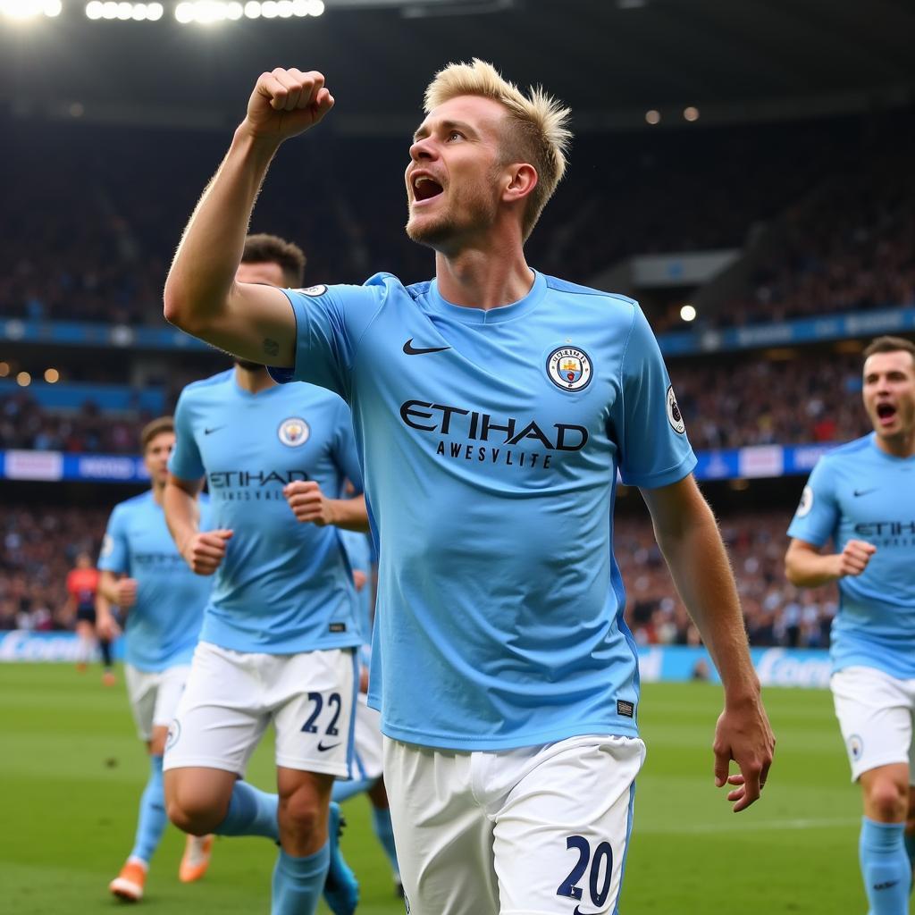 Haaland Celebrating a Goal in a Man City Jersey