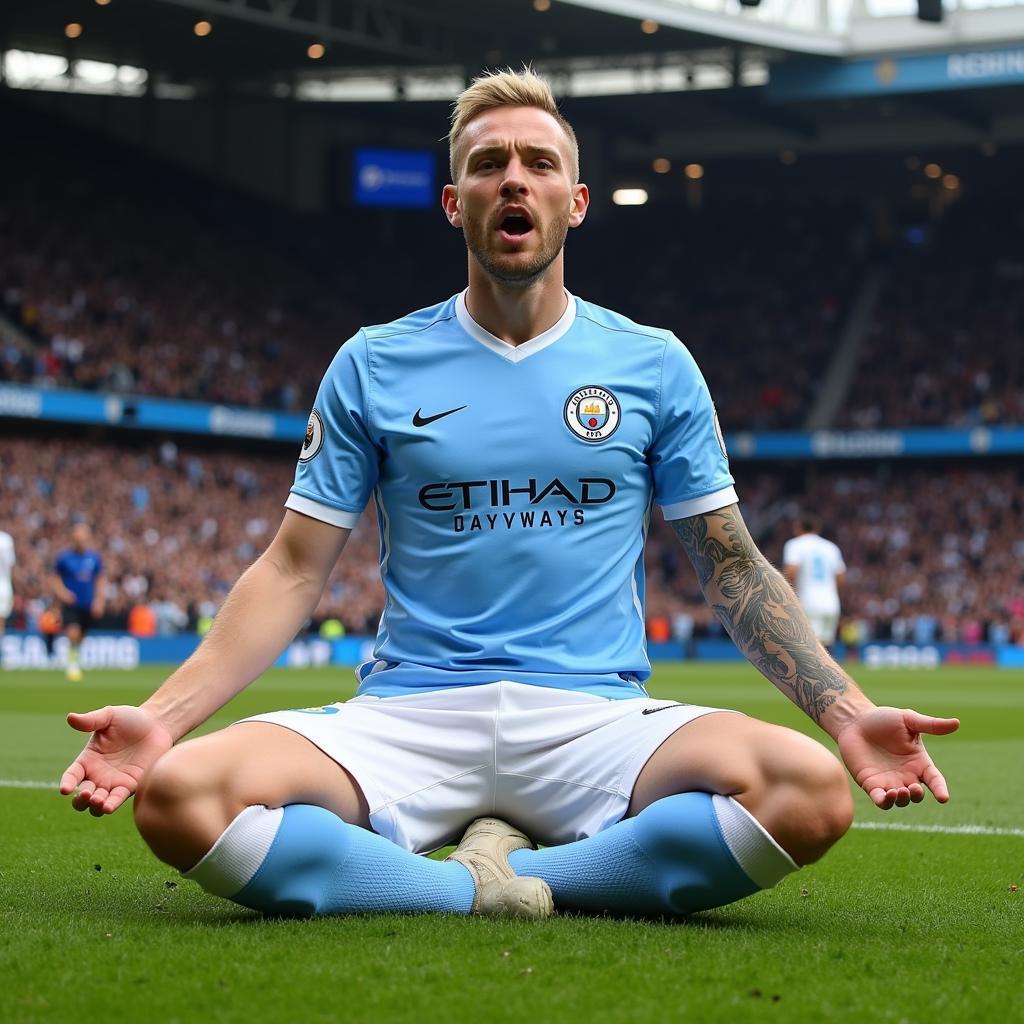 Erling Haaland celebrates a goal for Manchester City, showcasing his trademark celebration.