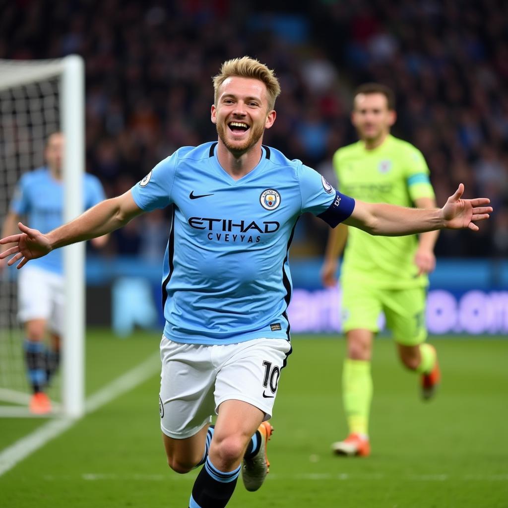 Haaland celebrating a goal in a Manchester City Jersey