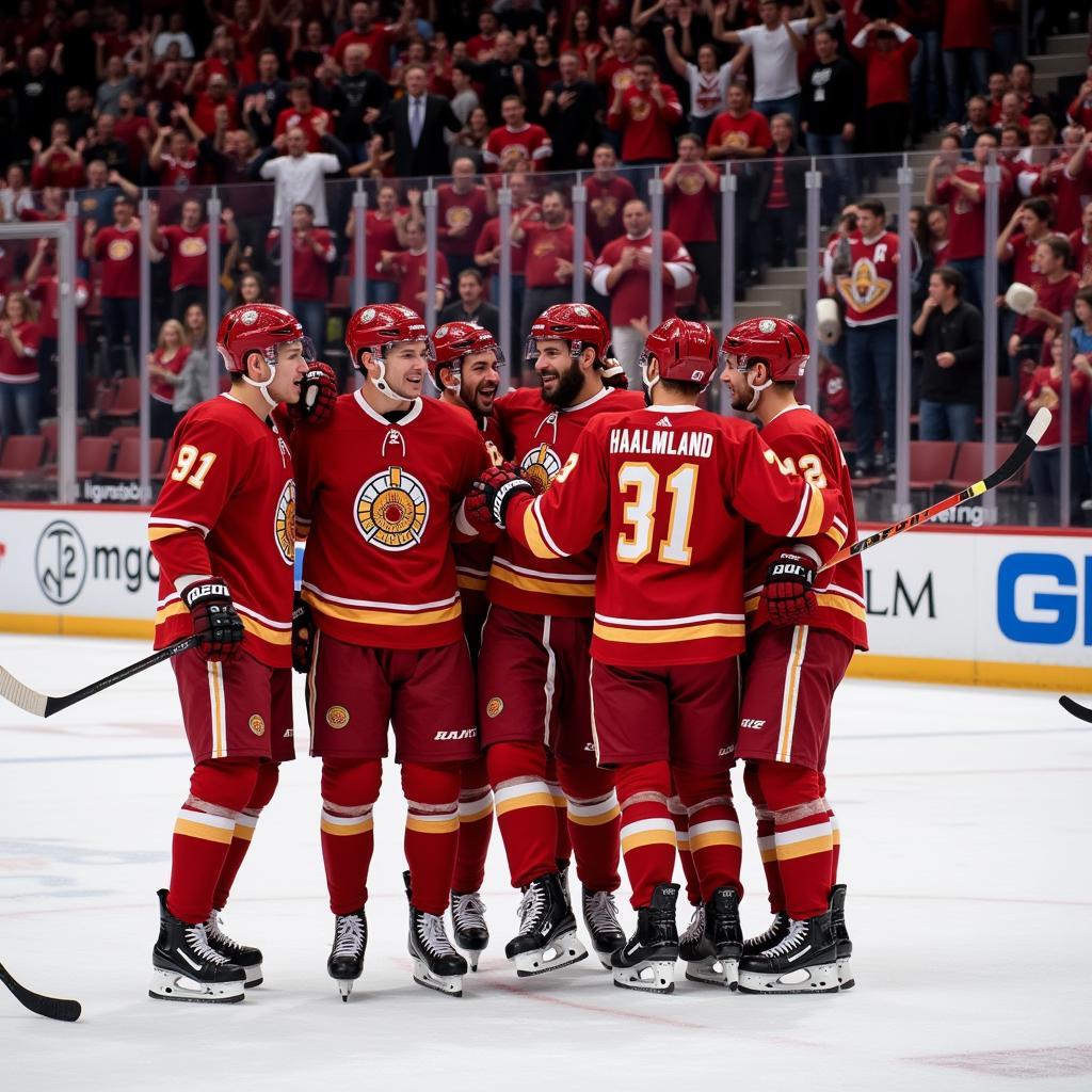 Haaland celebrating a goal with his teammates