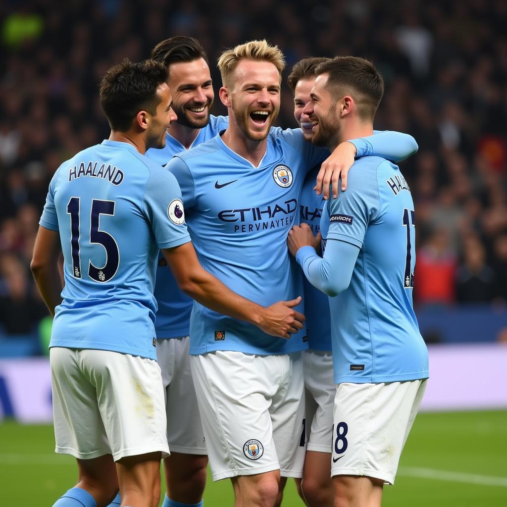 Haaland celebrating a goal with Manchester City teammates