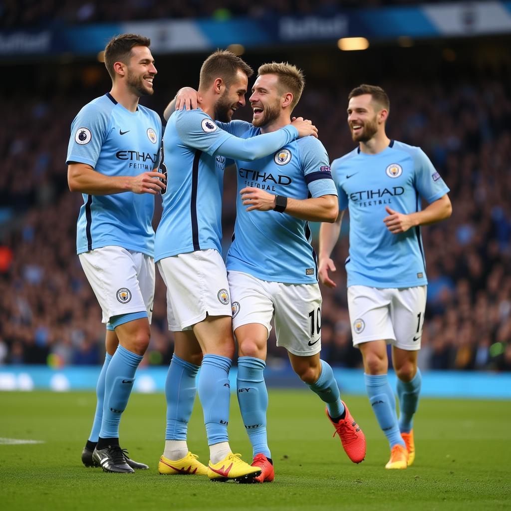 Erling Haaland celebrating a goal with his Manchester City Teammates