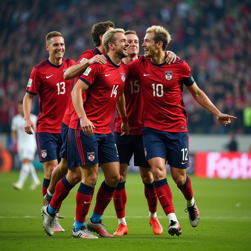 Haaland celebrating a goal with his teammates