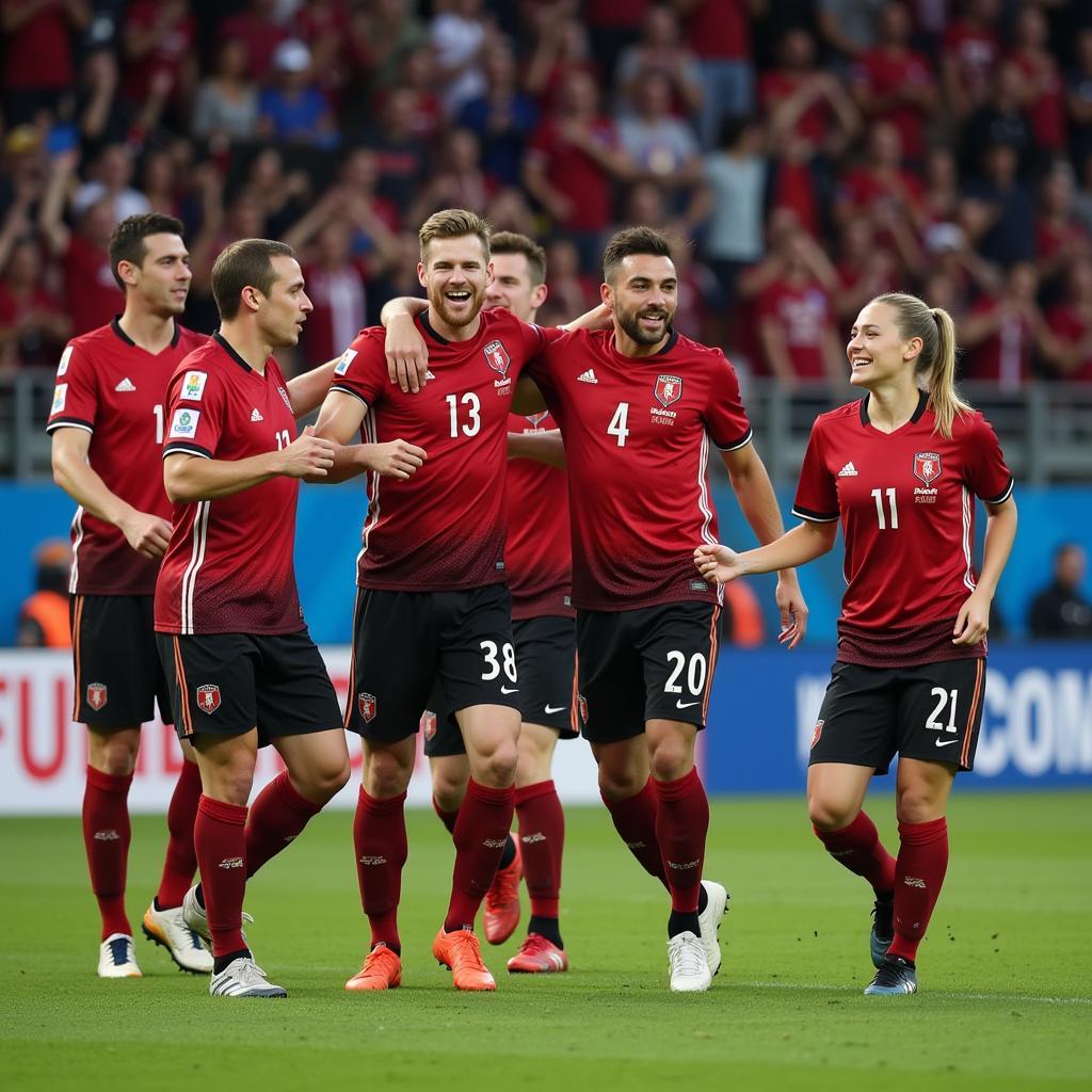 Erling Haaland celebrating a goal with his Manchester City teammates