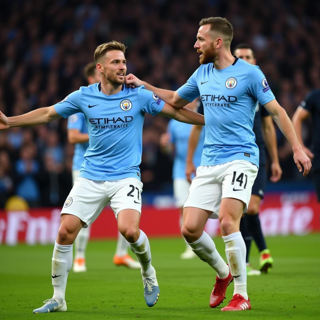 Haaland celebrates with De Bruyne after a goal