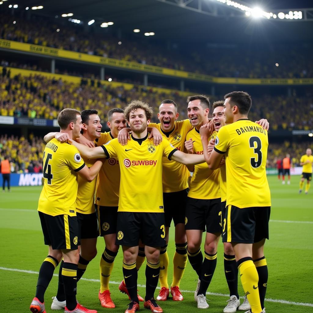 Haaland celebrates with his Dortmund teammates after a victory against Mainz 05 in a Bundesliga match.