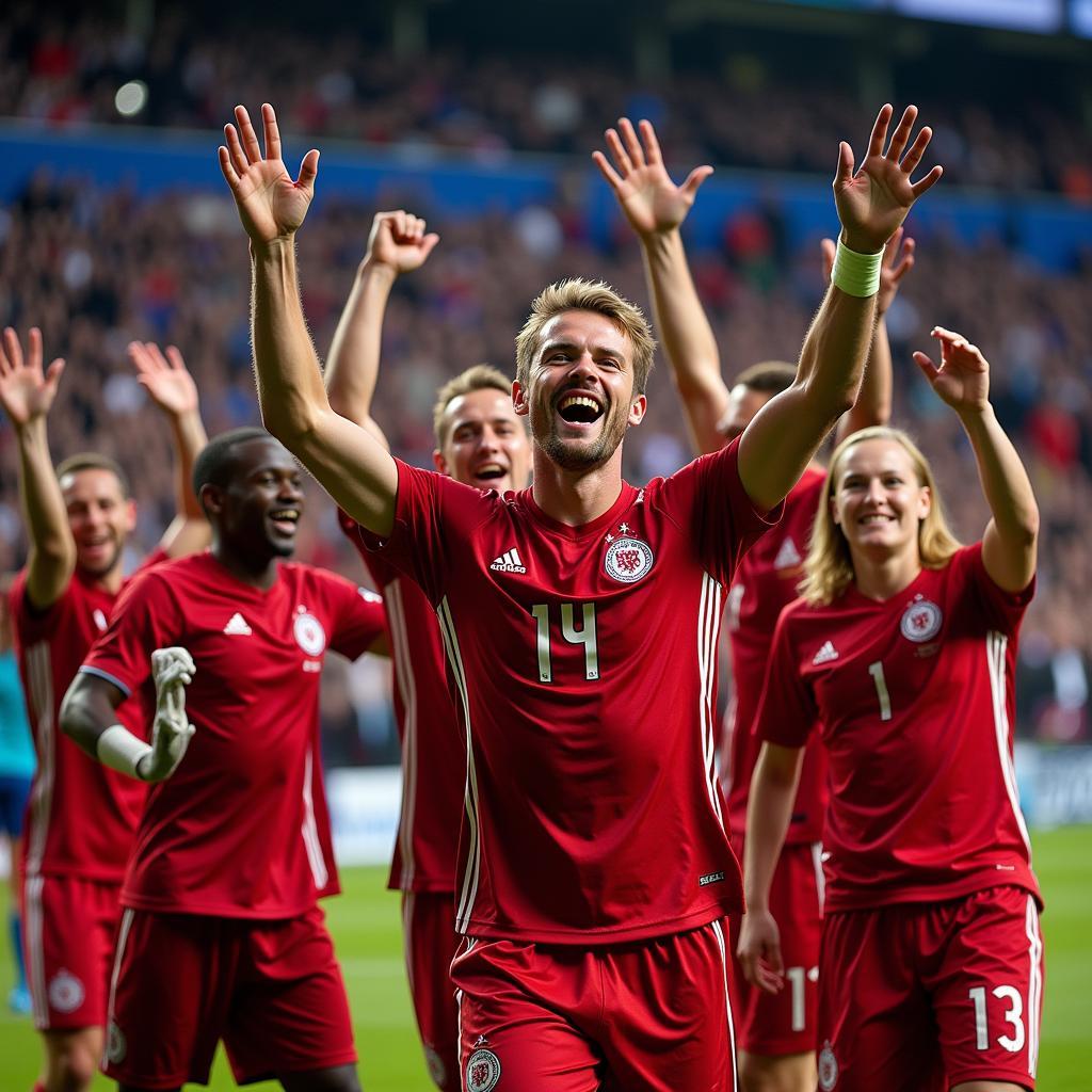 Erling Haaland celebrating with his Manchester City teammates after scoring a goal during the 2023/2024 season