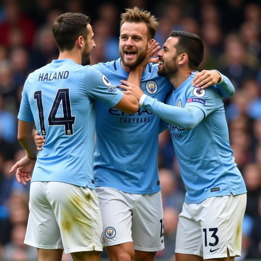 Haaland celebrating with his Man City teammates after scoring against Sevilla