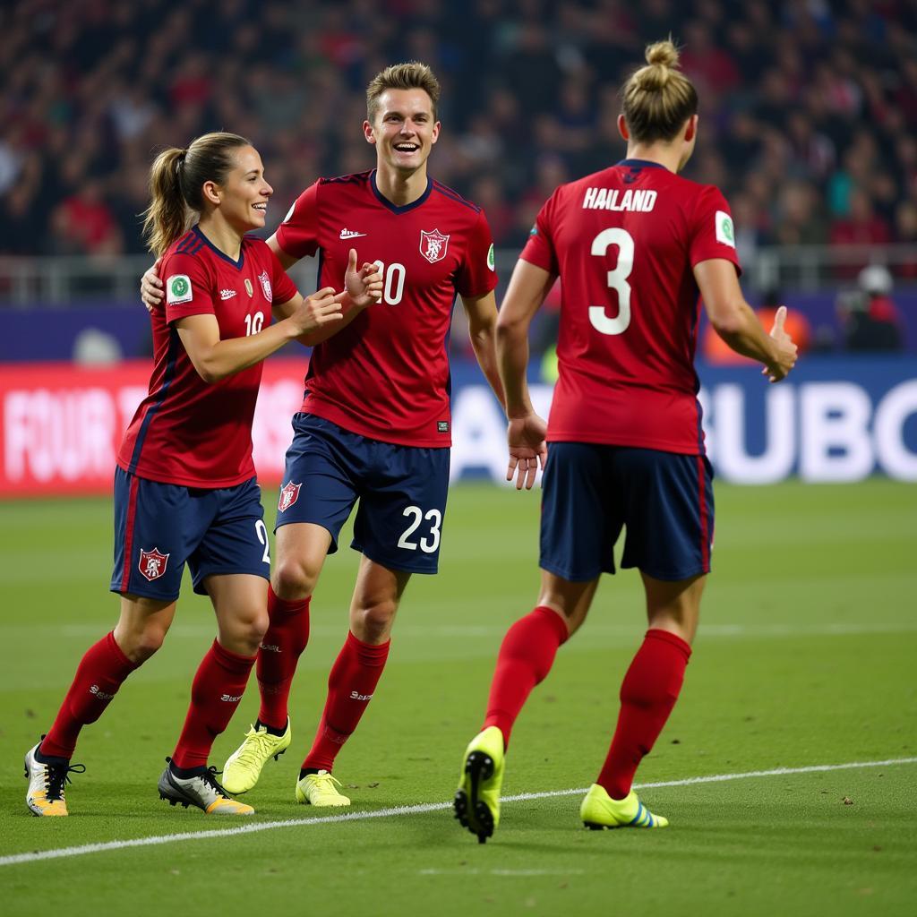 Haaland celebrating with Norway teammates