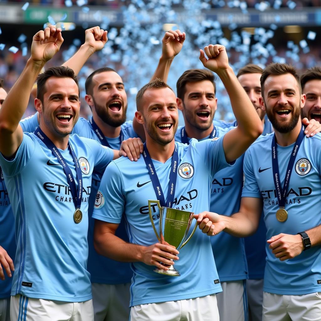 Haaland celebrating a trophy win with his Manchester City teammates in the 2022/23 season.