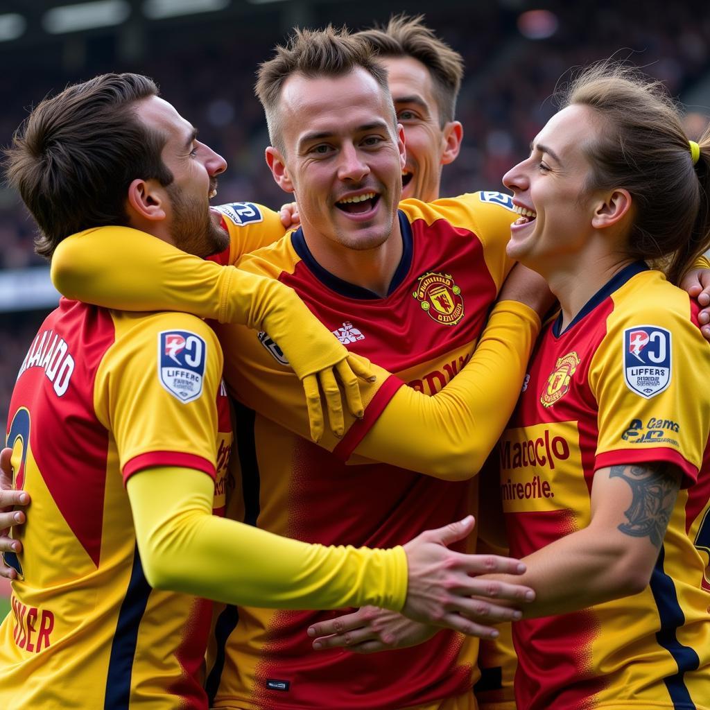 Erling Haaland celebrating a goal with his Manchester City teammates in the 2023 season