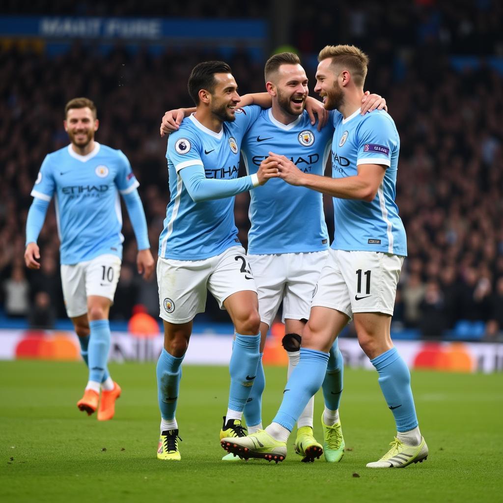 Erling Haaland celebrating with Manchester City teammates