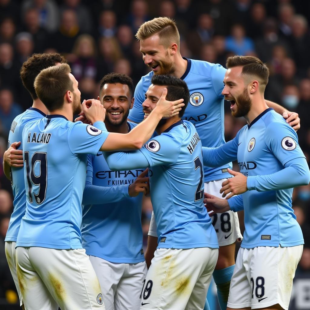 Haaland celebrates a goal with his Man City teammates