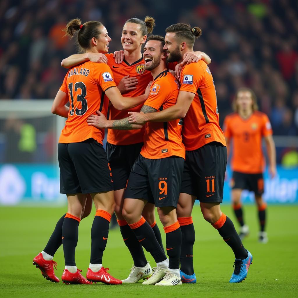 Haaland celebrating a goal with teammates