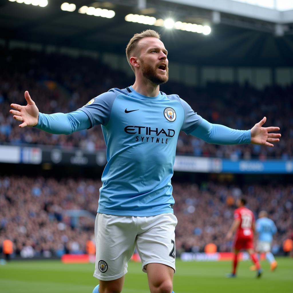 Erling Haaland celebrating a goal at the Etihad Stadium