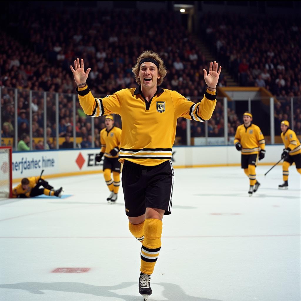 Haaland celebrating a goal, headband visible