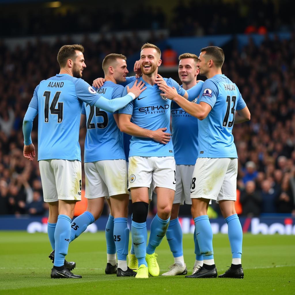 Haaland celebrating with his Man City teammates