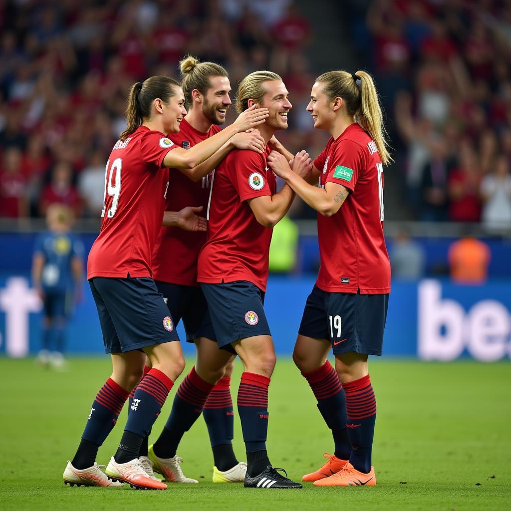 Erling Haaland celebrating a goal with his teammates.