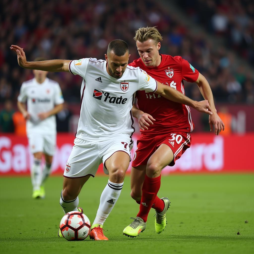 Haaland challenges a Mainz defender for the ball during an intense Bundesliga match.