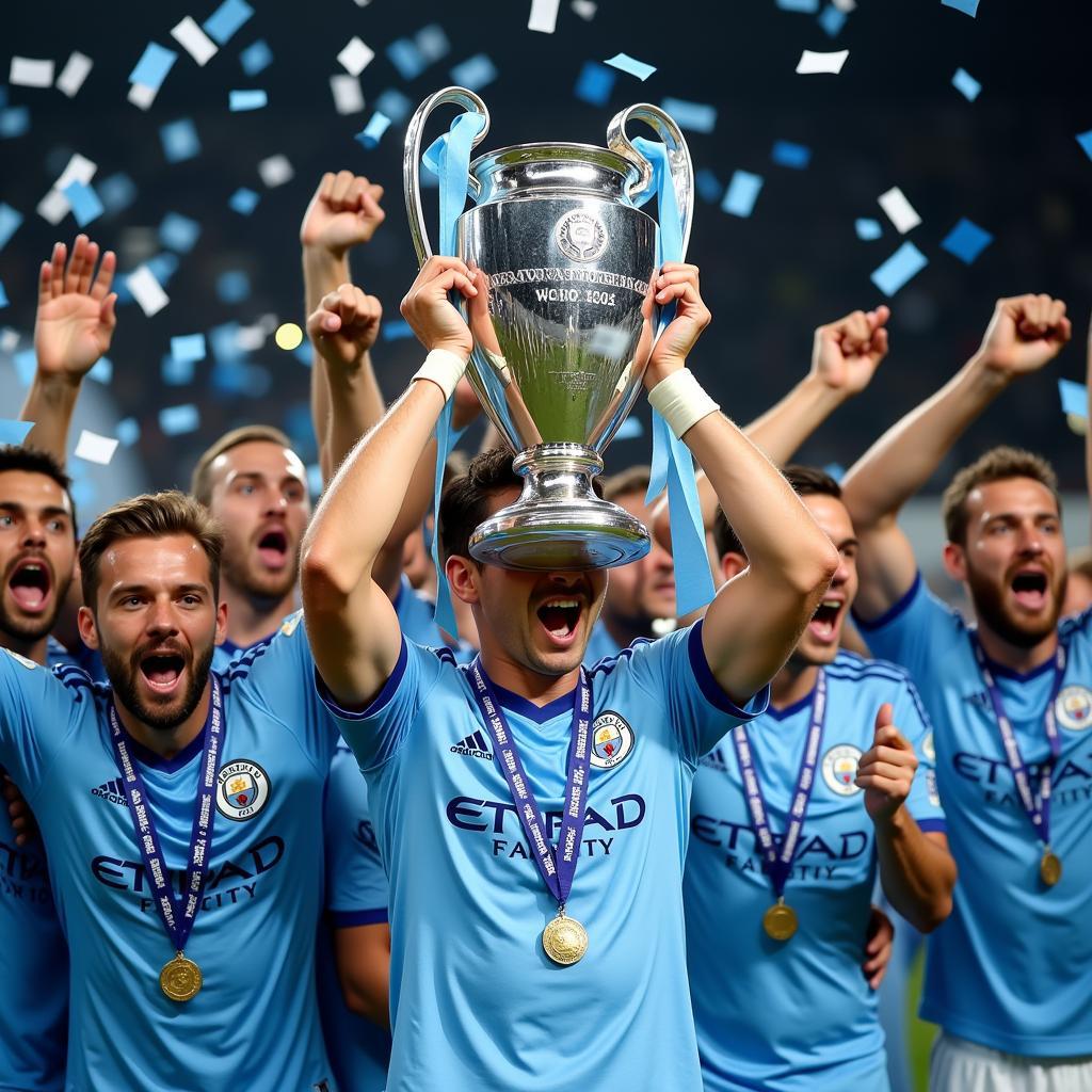 Erling Haaland lifting the Champions League trophy