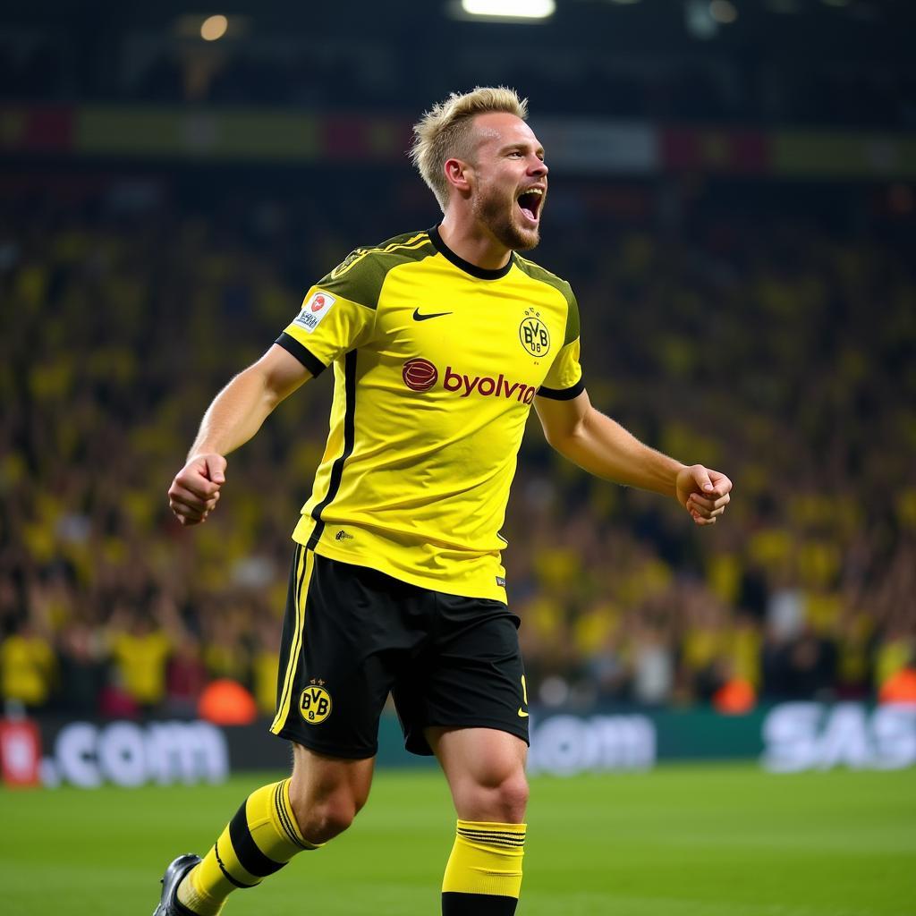 Haaland scoring a goal for Dortmund in the Champions League