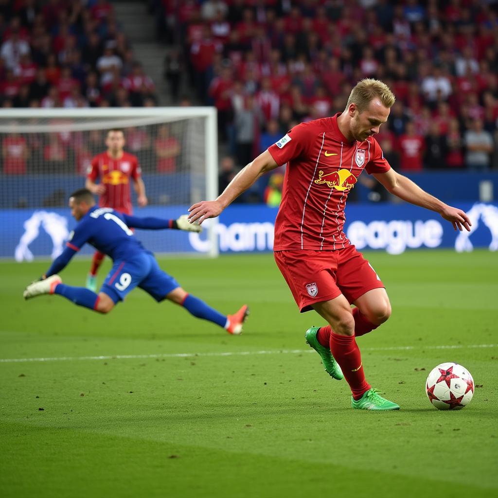 Erling Haaland scores a Champions League goal for Red Bull Salzburg.