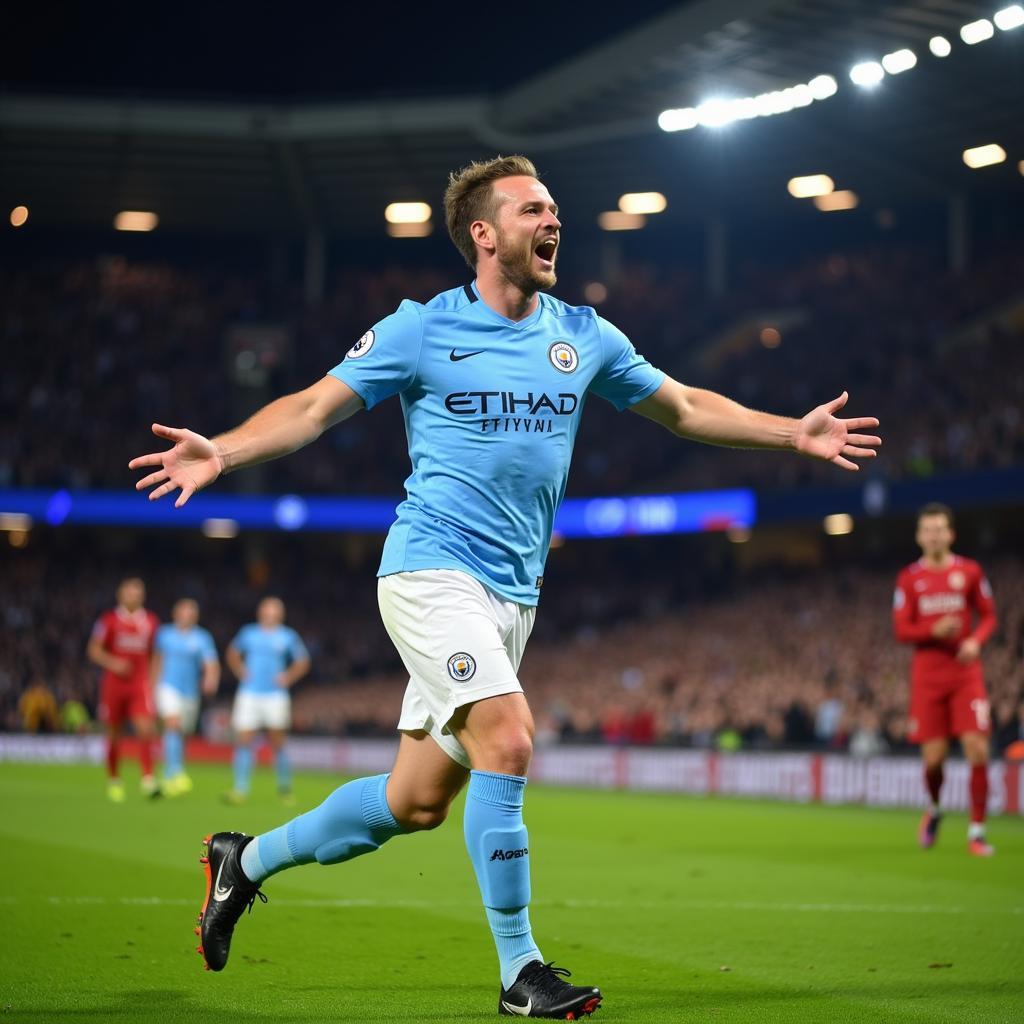 Erling Haaland celebrating a Champions League goal with Manchester City.