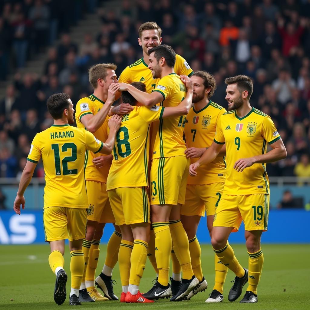 Haaland celebrates with teammates after scoring in Champions League