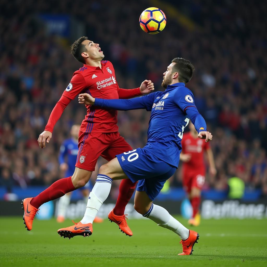 Haaland and a Chelsea defender in an aerial duel