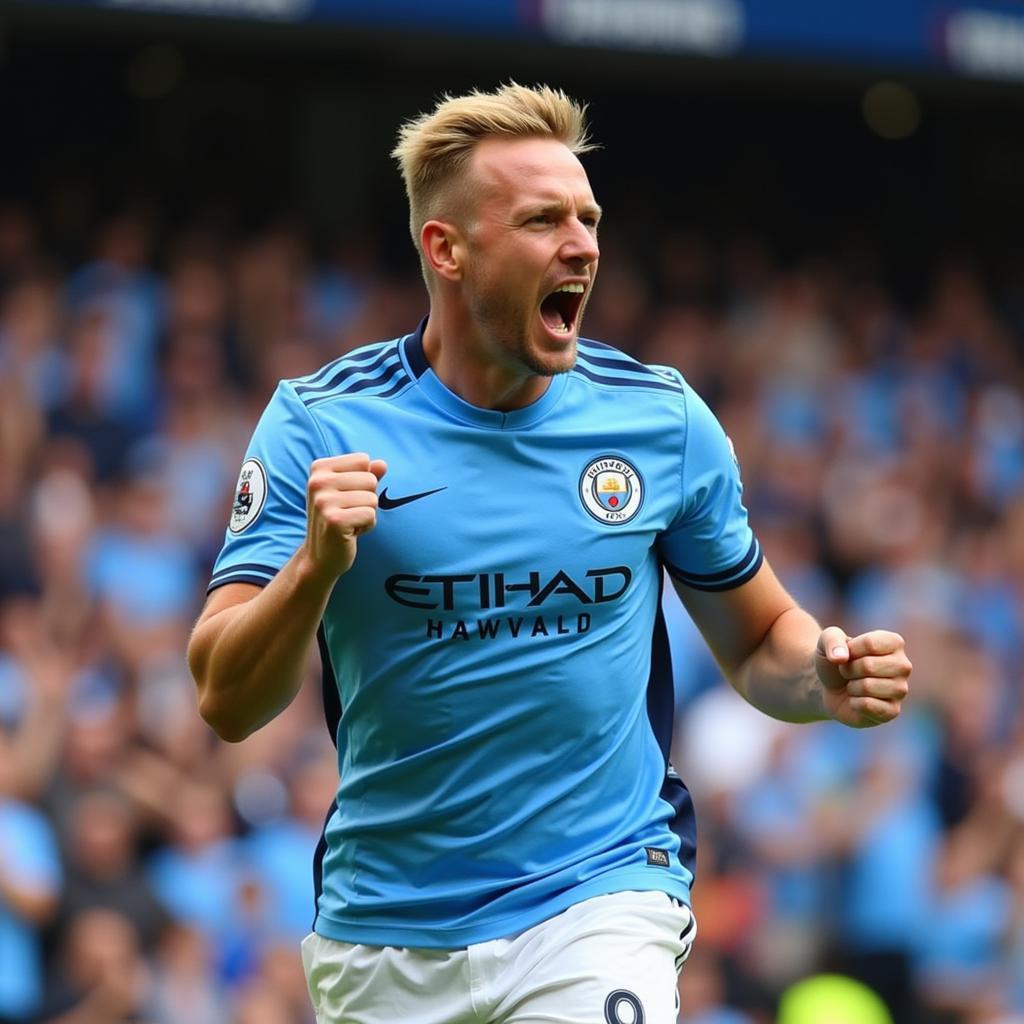 Erling Haaland celebrates a goal in his Manchester City number 9 shirt