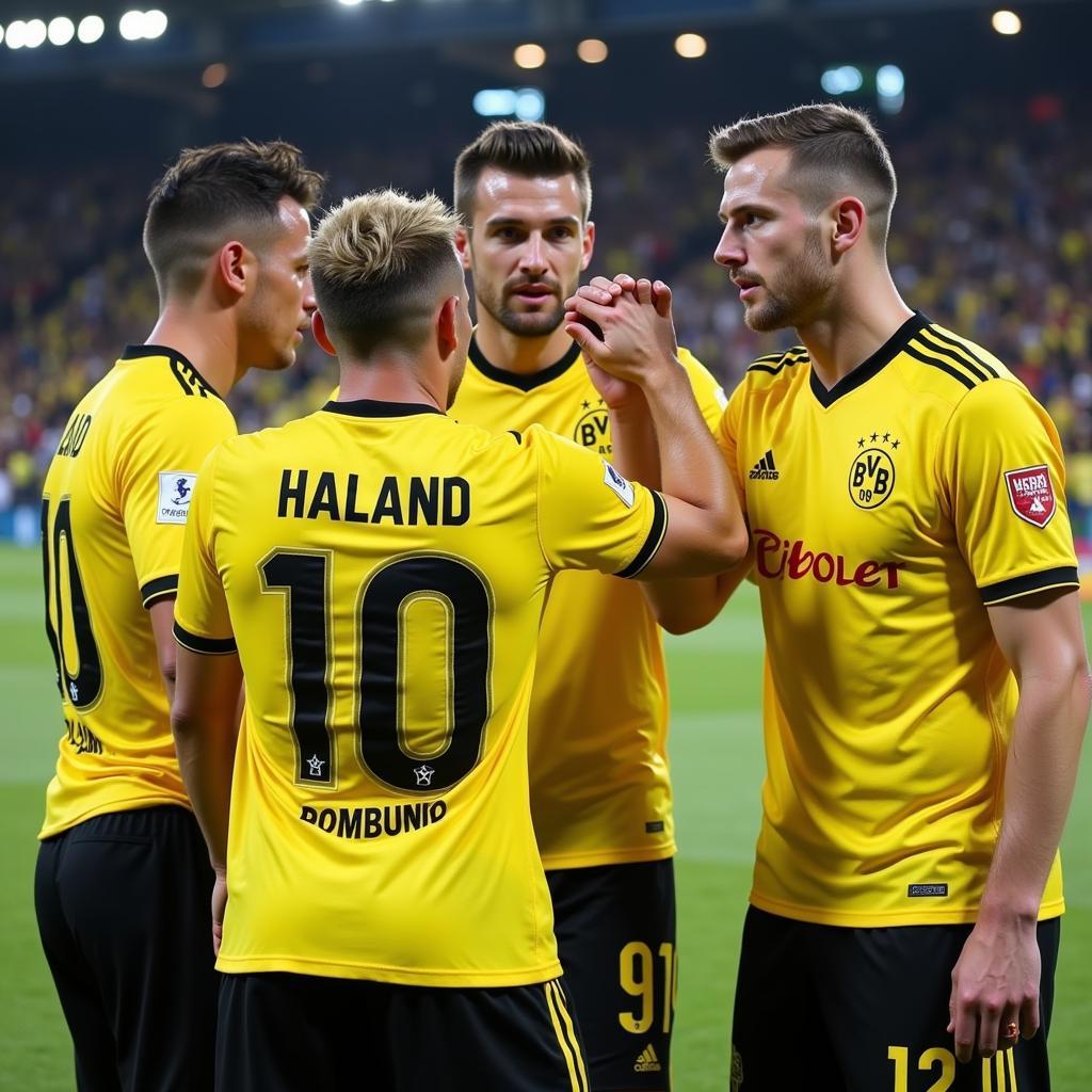 Haaland interacts with former Dortmund teammates after the City vs Dortmund match.