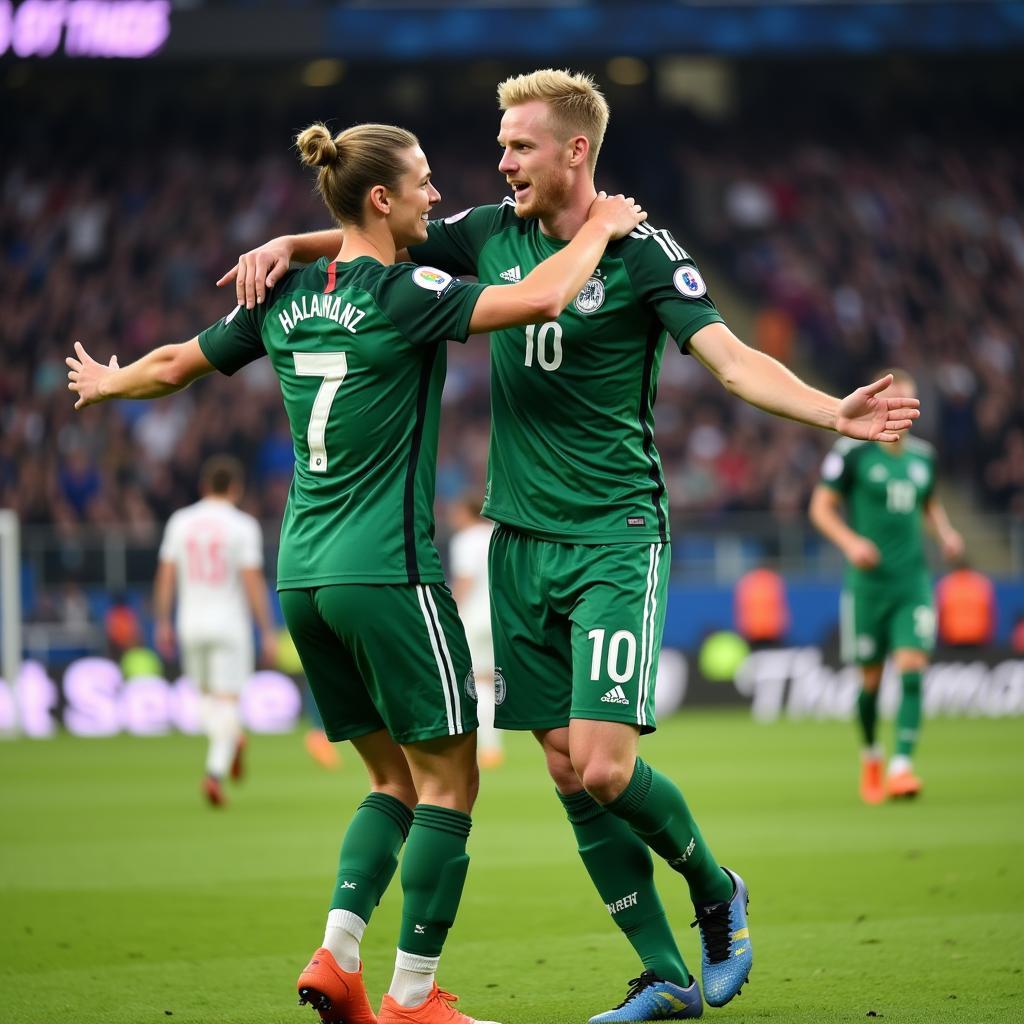 Haaland and De Bruyne celebrating a goal