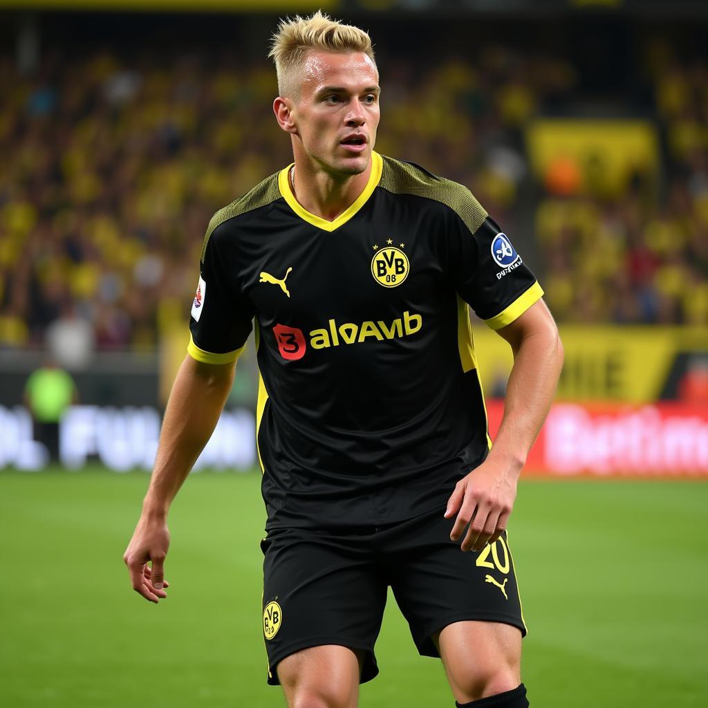 Erling Haaland in his Borussia Dortmund black and yellow away jersey, taking a powerful shot on goal during an away game.