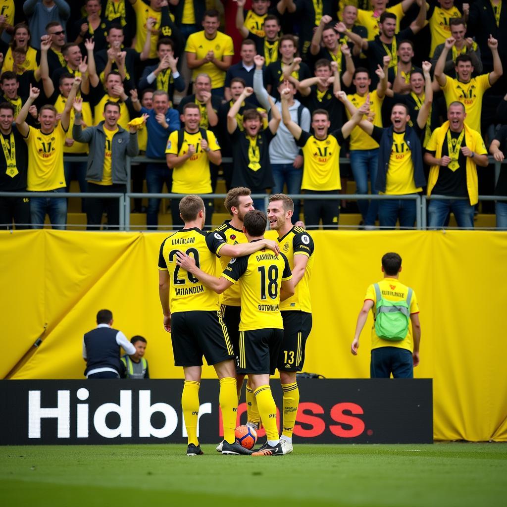 Haaland celebrating a goal in front of the Yellow Wall