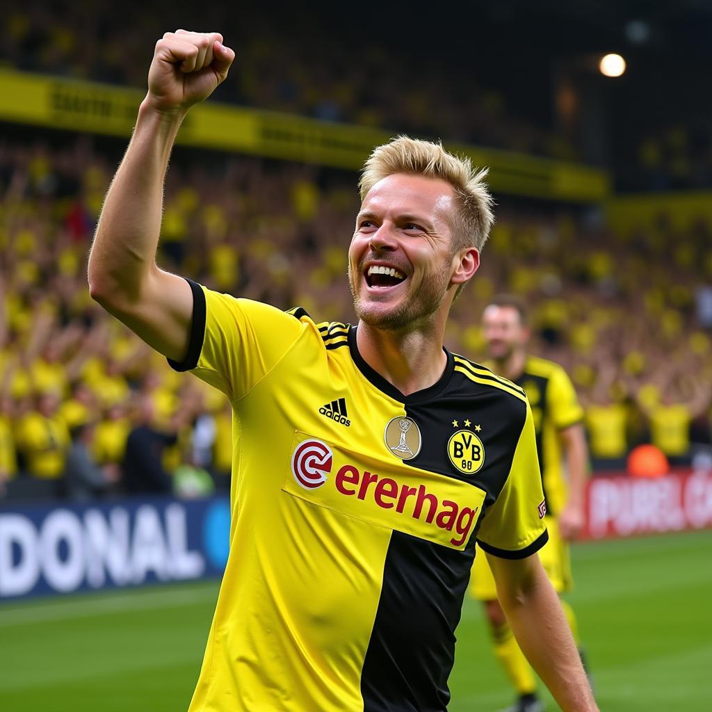 Erling Haaland celebrates a goal for Borussia Dortmund.