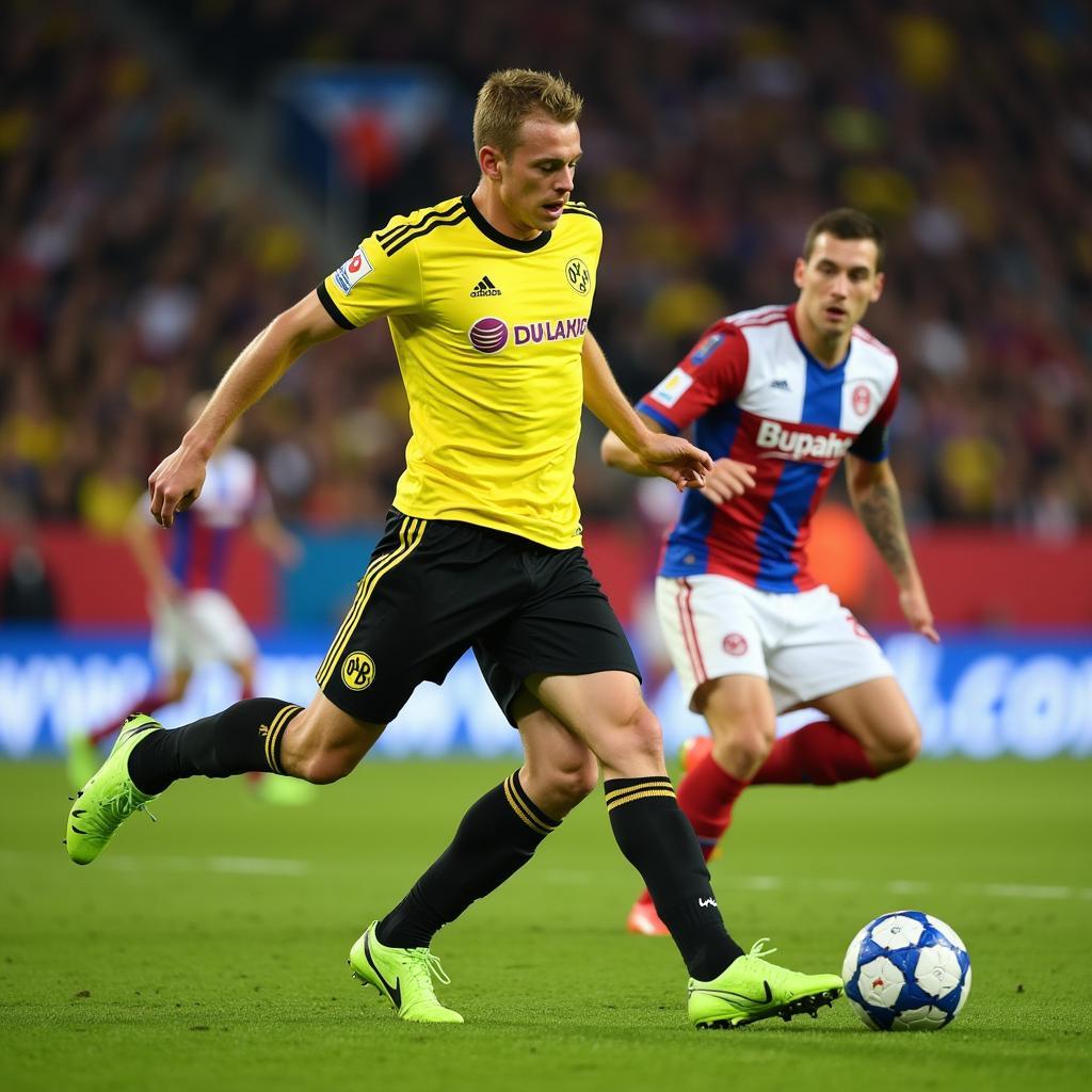 Haaland scoring a crucial goal in the Champions League for Dortmund