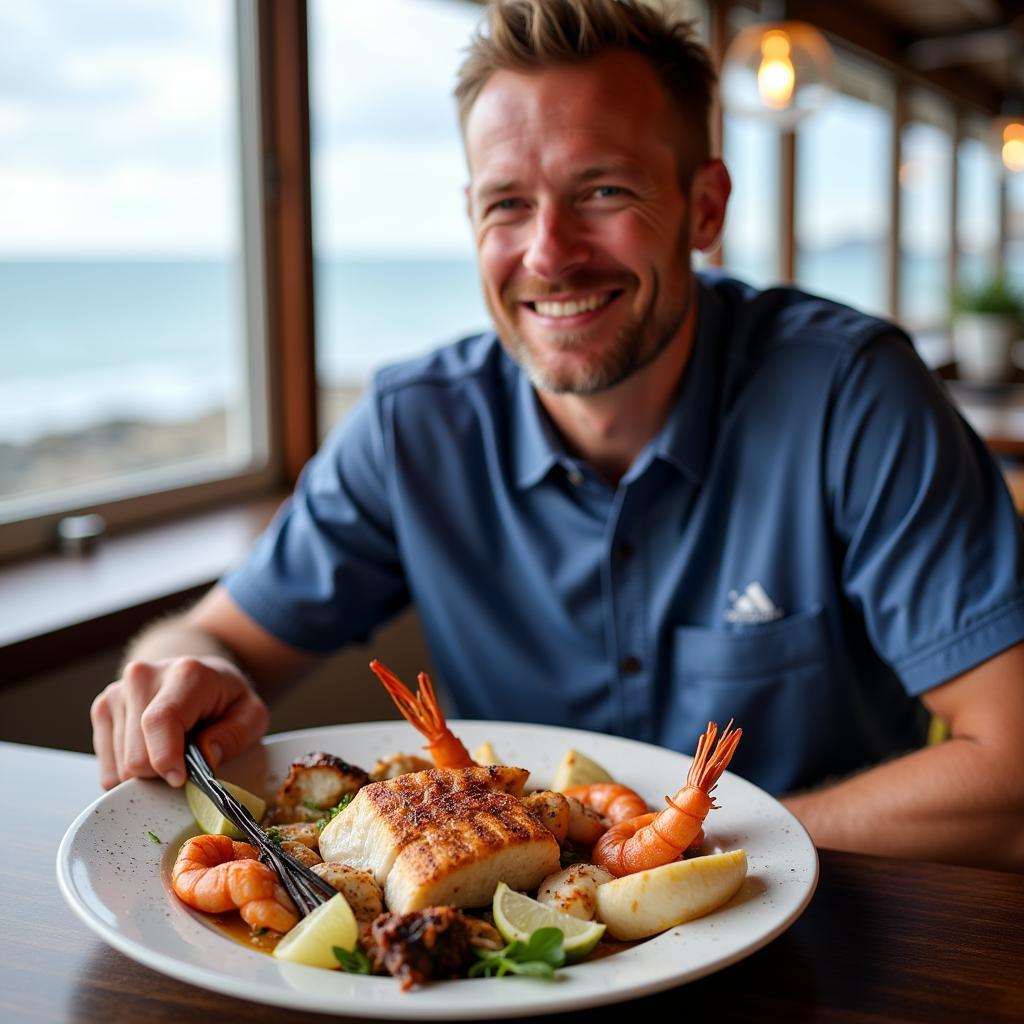 Erling Haaland enjoying a plate of fresh, grilled seafood, emphasizing the importance of a healthy diet for athletes.