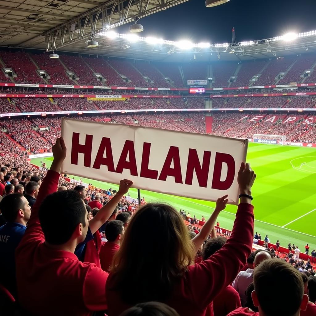 Erling Haaland Fans - Fans cheering Haaland in a packed stadium.