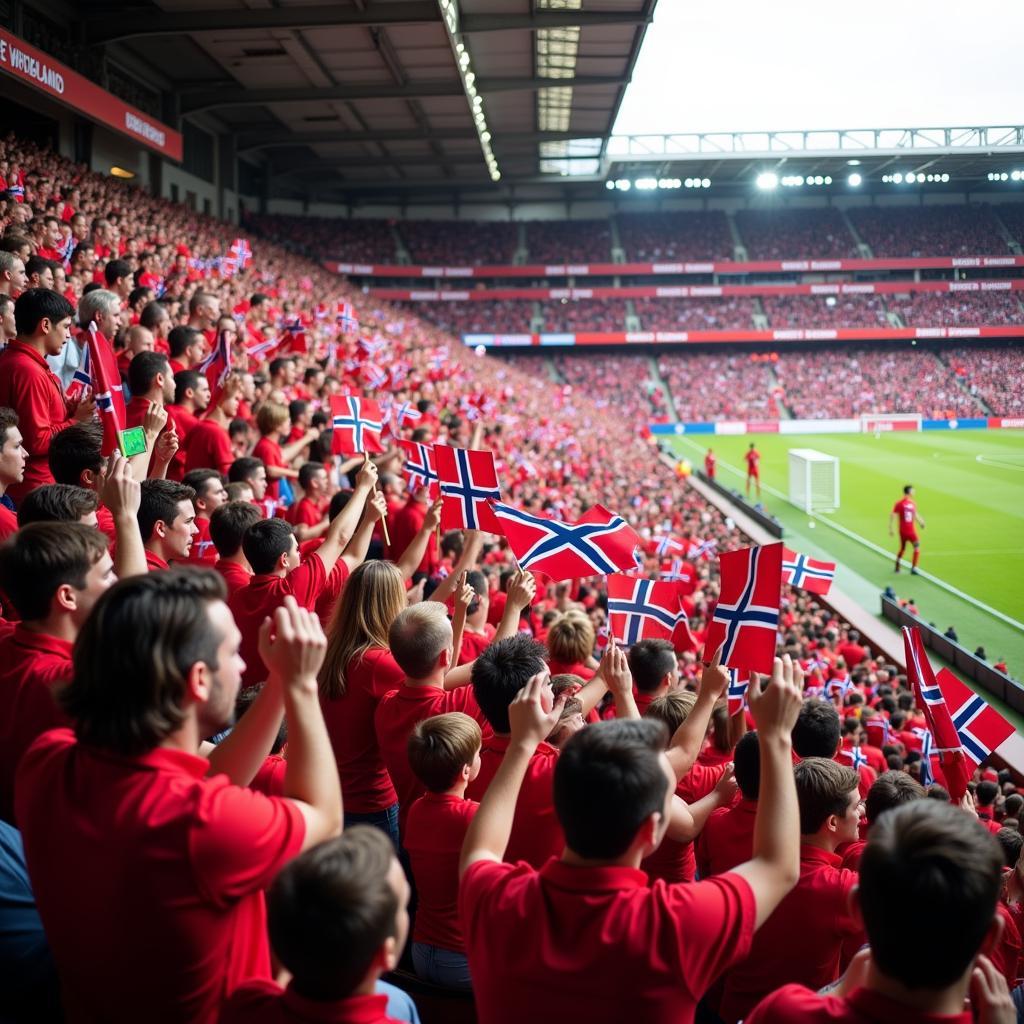 Haaland fans waving Norwegian flags in the stadium.