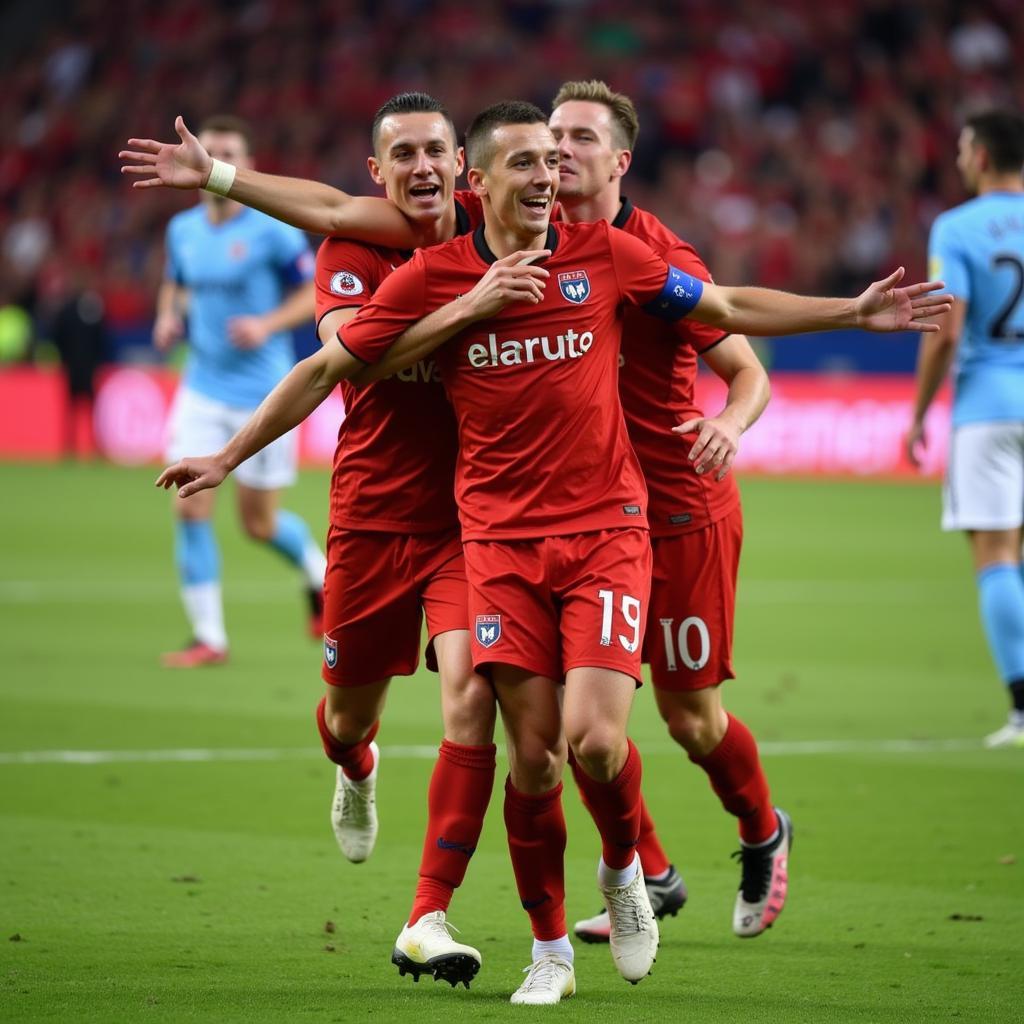 Haaland celebrates a goal with his teammates