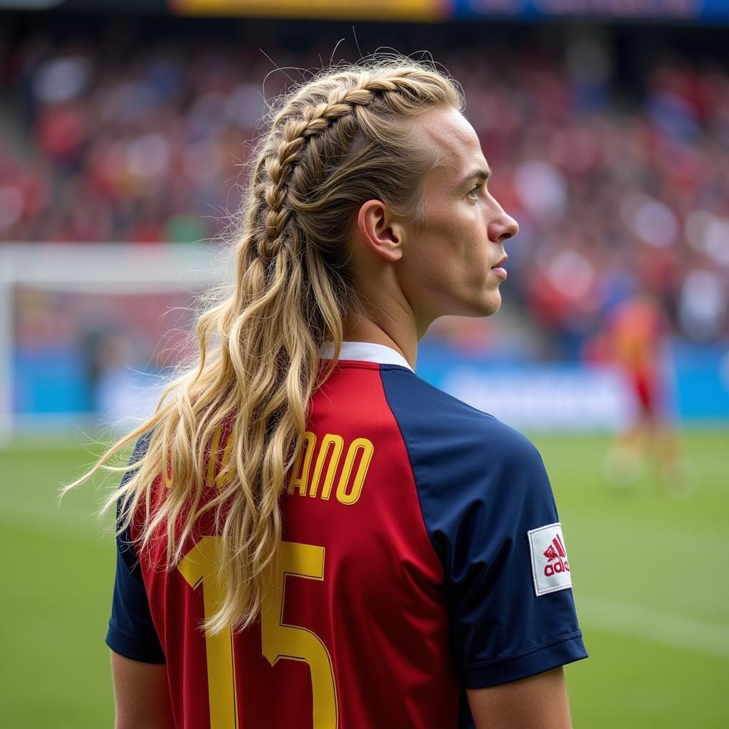 Erling Haaland sporting French braids during a match.