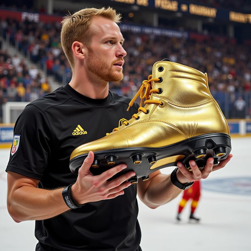 Haaland holding a future Golden Boot award