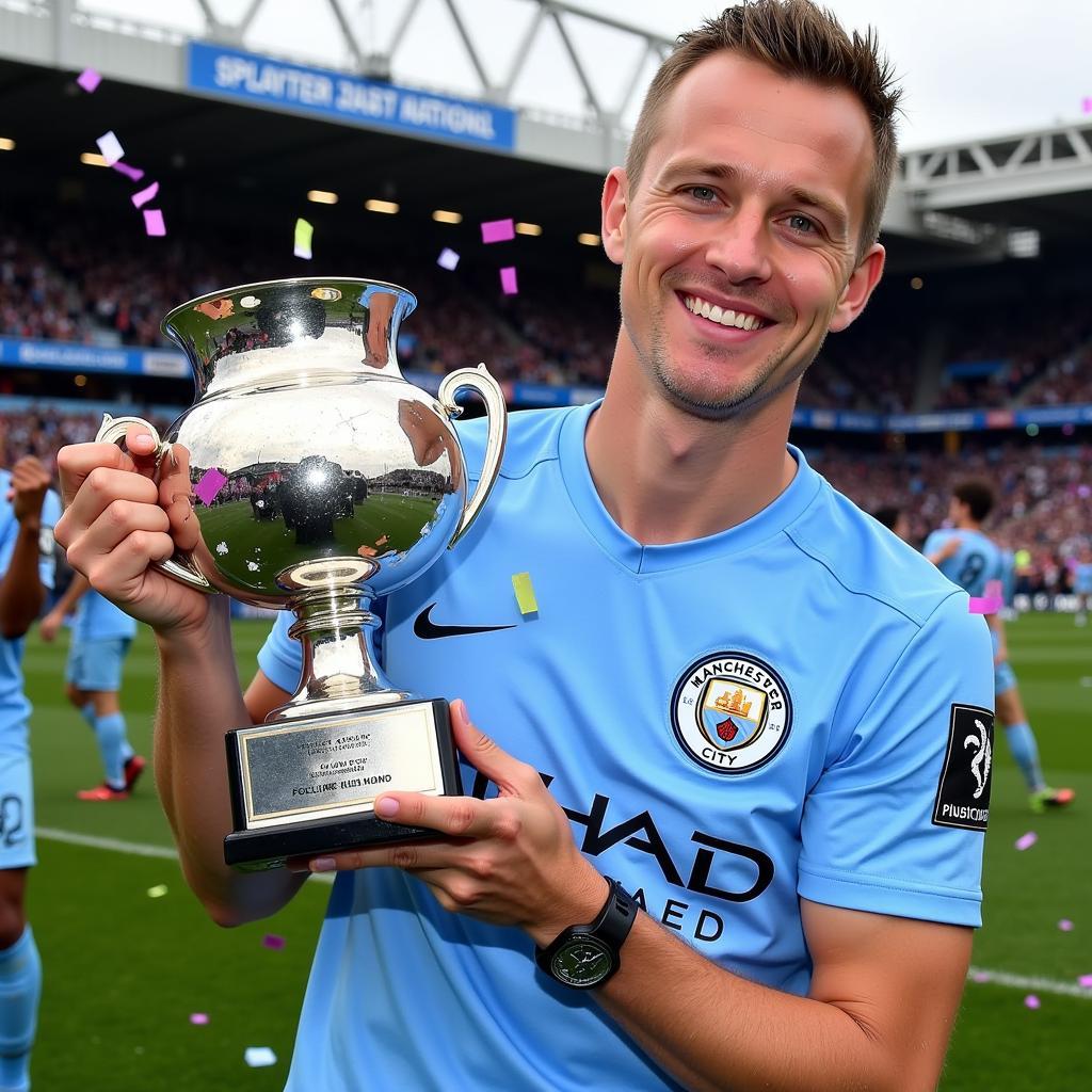 Erling Haaland celebrating with the FWA Player of the Year trophy.